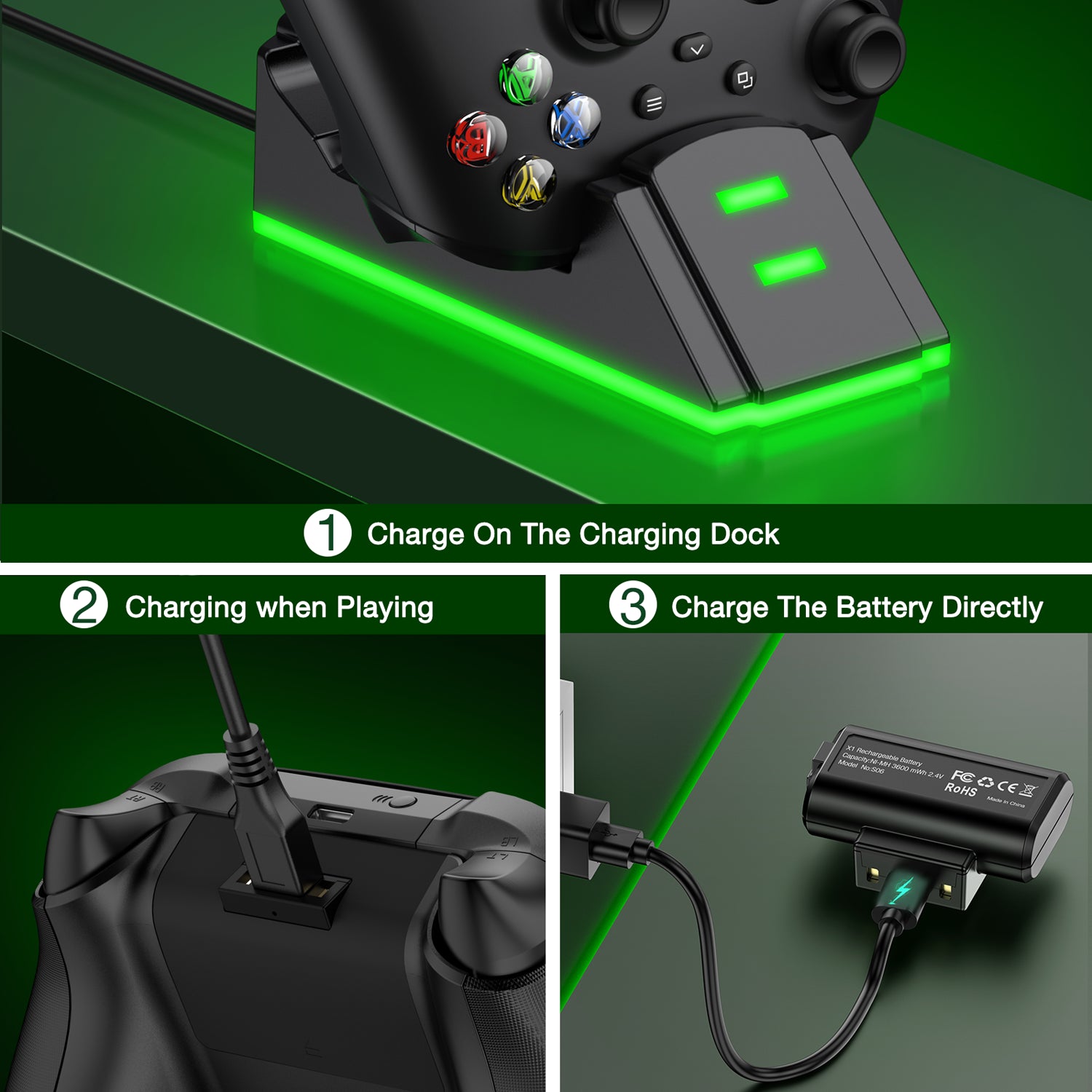 Xbox Controller Charging Station with 2 X 1200Mah(4320Mwh) Rechargeable Battery Pack for Xbox Series X|S/Xbox One/Xbox One S/X/Elite Controller,Black