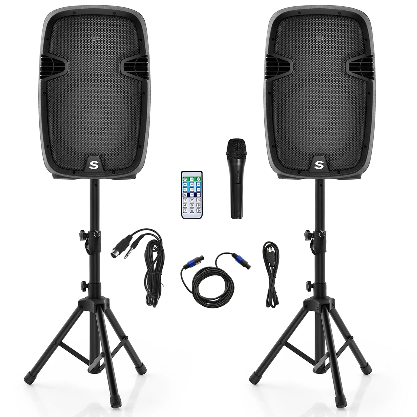 Dual 12 in 2 Way 2000W Powered Speakers with Mic Speaker Stands Control Cables