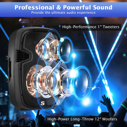 Dual 12 in 2 Way 2000W Powered Speakers with Mic Speaker Stands Control Cables