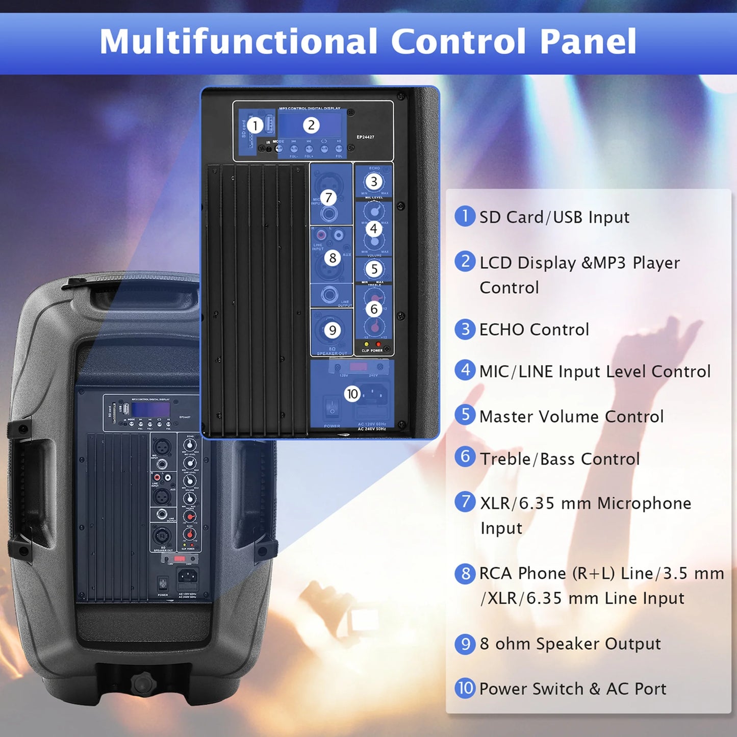 Dual 12 in 2 Way 2000W Powered Speakers with Mic Speaker Stands Control Cables