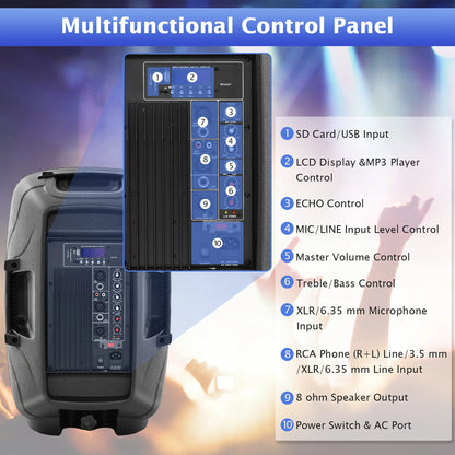 Dual 12 in 2 Way 2000W Powered Speakers with Mic Speaker Stands Control Cables