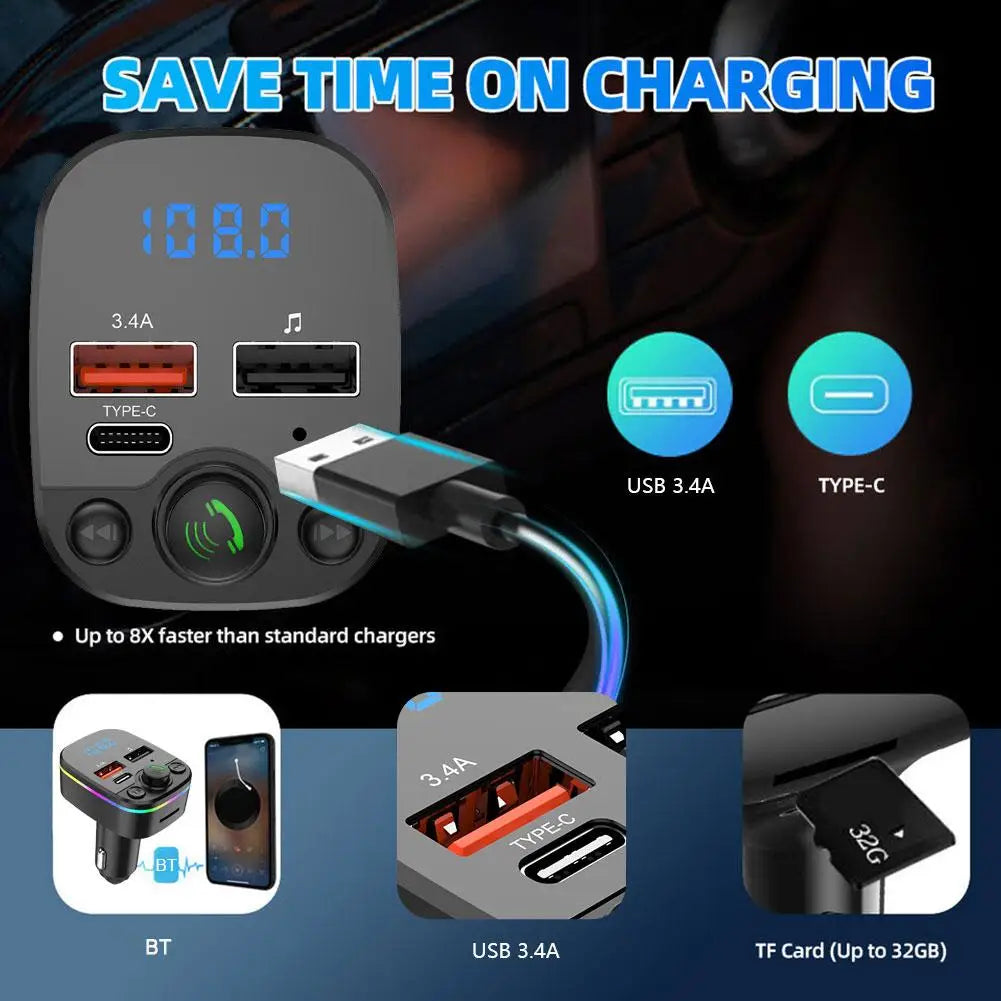 Wireless FM Radio Kit Bluetooth 5.0 Car FM Transmitter Fast Colorful Charger and with Play MP3 Modulator Handsfree Ambient