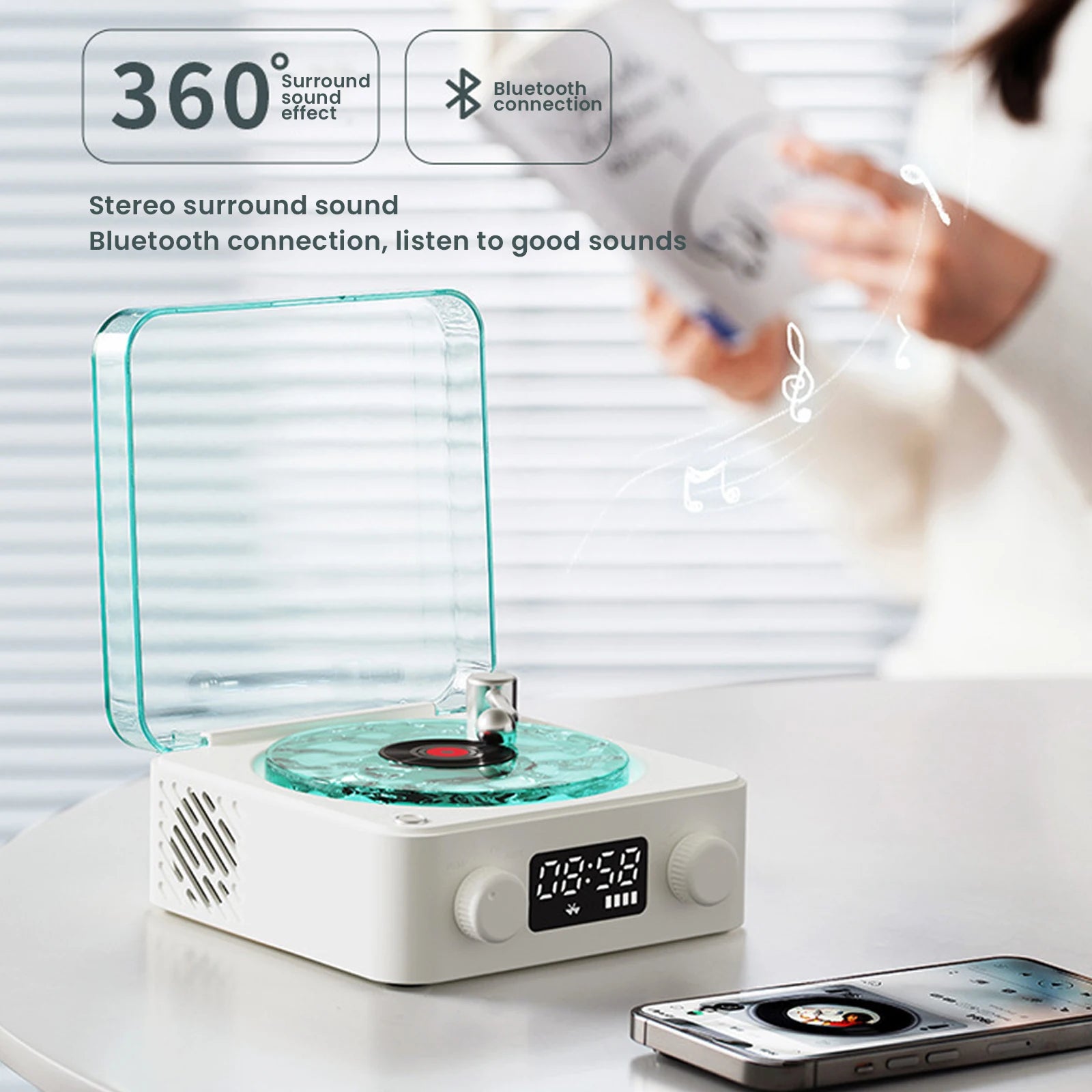 Retro Waves Vinyl Player White Noise Bluetooth Speaker Sleep Aid Turntable Speaker with Dynamic Water Ripple RGB Light