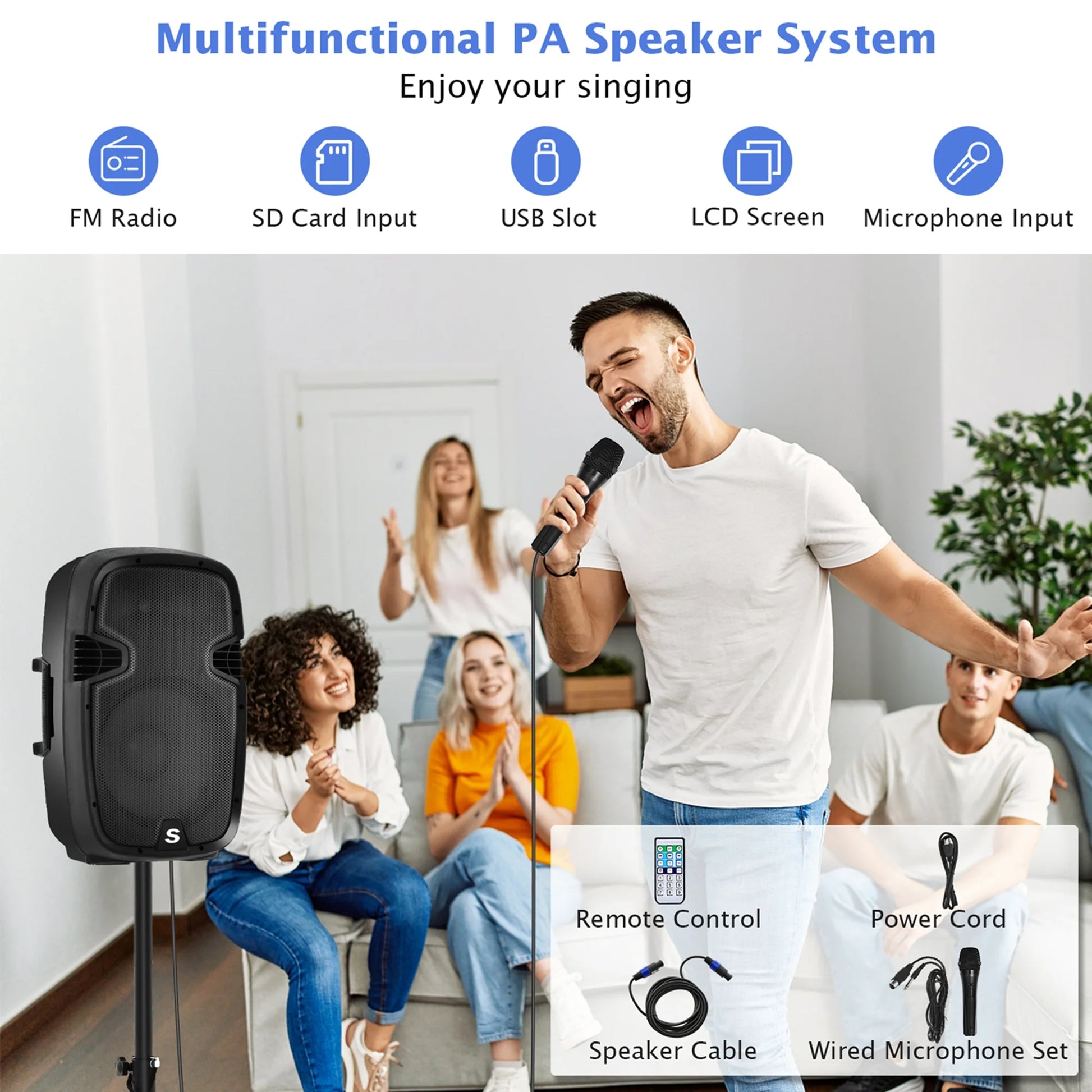 Dual 12 in 2 Way 2000W Powered Speakers with Mic Speaker Stands Control Cables