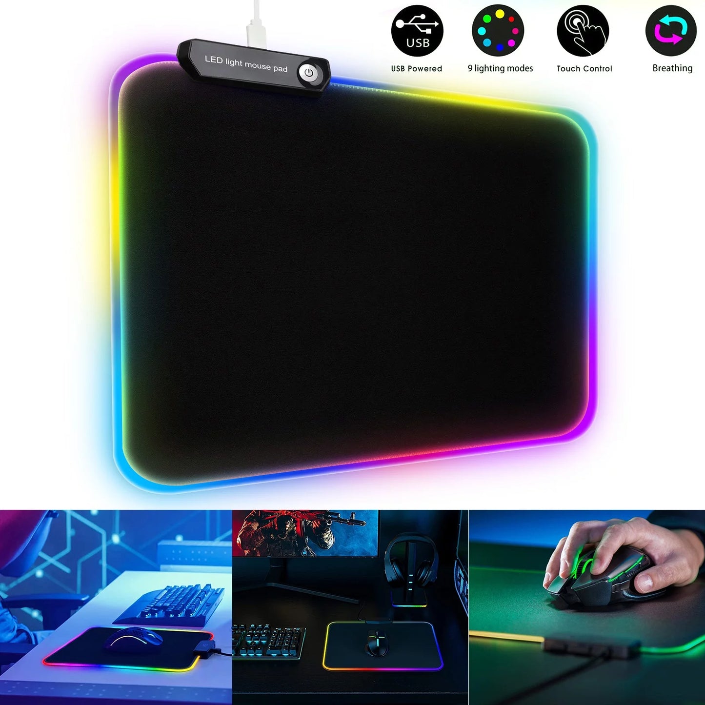 RGB Large Gaming Mouse Pad,  Extended Thick LED Keyboard Pad with 9 Lighting Modes, Anti-Slip Waterproof Oversized Computer Mouse Pad Mat, Xxxl/30.7X11.8Inch, Black